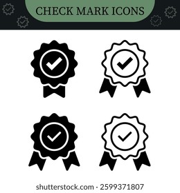 Certified medal icon check mark symbol, vector icons, color set. Premium quality icon sign - Approval badge ribbon icon tick mark symbol