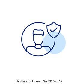 Membresía certificada, acceso seguro al usuario, perfil autenticado. Avatar de usuario masculino, escudo y marca de verificación. Icono de Vector de trazo perfecto y editable