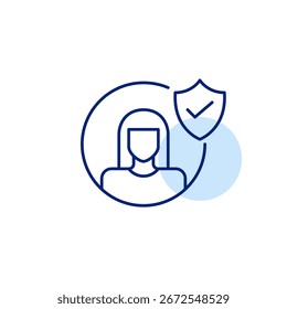 Associação certificada, acesso de usuário seguro, perfil autenticado. Usuário feminino avatar, escudo e marca de seleção. Pixel perfeito, ícone de vetor de traçado editável