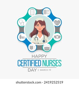 El Día de Enfermeras Certificadas se celebra anualmente el 19 de marzo en todo el mundo, es el día en que las enfermeras celebran su certificación de enfermería. Ilustración del vector