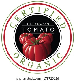 Certified Organic heirloom tomato stamp EPS 10 vector, grouped for easy editing. No open shapes or paths.