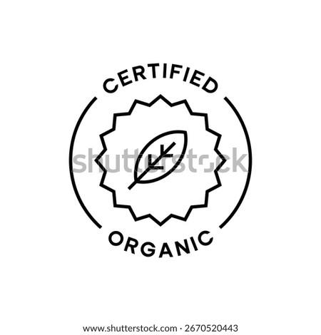 Certified Organic Leaf Badge in Minimal Outline Seal Design Vector Illustration