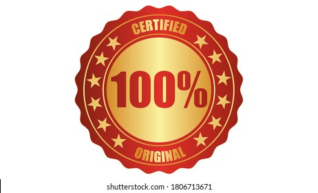 El concepto de sello de garantía original certificado con ilustración vectorial de icono de sello 100%, aislado en fondo blanco y texto dorado
