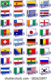 Certified postage stamps with flags of the participating countries in Brazil 2014