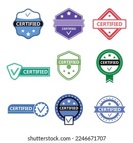 Certified product and partner of label and badge of collection. Vector illustration. Business partner certificate, guaranteee product, stamp of check service, isolated verification