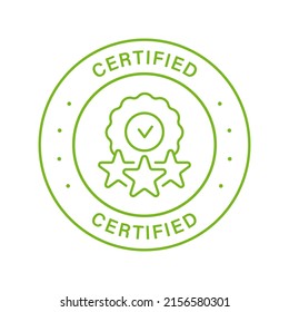 Certified Product Quality Line Green Stamp. Certificate Guarantee Origin Outline Sticker. Accredited Product Label with Stars. Certify Control Symbol. Verified Seal. Isolated Vector Illustration.