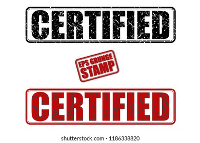 Certified red and black text grunge rubber ink postage stamp isolated on white background. Grungy vector stencil sticker illustration. Retro shabby poster.  Vintage rectangular tag template.