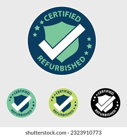 Certified Refurbished, Flat isolated rounded vector, Badge, pictogram, symbol, icon, logo, seal, stamp, emblem, refurbishing, upgrade, renew, tested, secure, recall, restore, product, repaired.