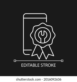 Certified repair white linear icon for dark theme. Smartphone authorized renovate. Official service. Thin line customizable illustration. Isolated vector contour symbol for night mode. Editable stroke