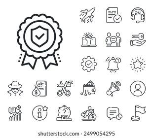 Certified risk coverage sign. Salaryman, gender equality and alert bell outline icons. Insurance medal line icon. Confirmed protection symbol. Insurance medal line sign. Vector