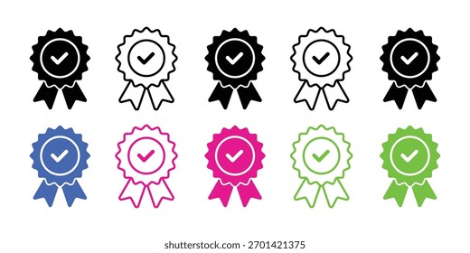 Zertifiziertes Rosette Badge Icon Set: Menüband-Medaillensymbole mit Häkchen für Garantie, Auszeichnung, Leistung, Qualität und Status "Genehmigt"