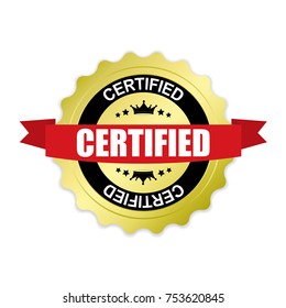 Certified round gold badge with red ribbon.vector illustration