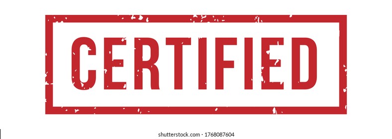 Sello de goma certificado. Grunge la insignia roja con texto certificado en el marco o borde rectangular. Icono de certificación o sello con arañazos aislados en ilustración vectorial de fondo blanco