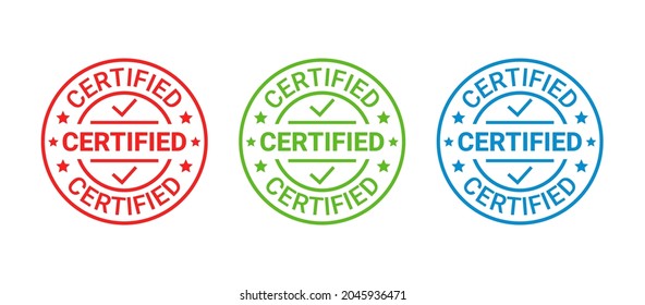 Certified rubber stamp. Vector. Quality mark approval. Checked retro badge. Warranty label, icon. Endorsed round sticker. Vintage seal imprints. Emblems isolated on white background. Illustration