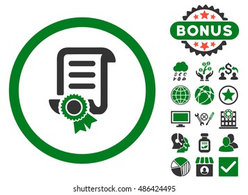 Certified Scroll Document icon with bonus images. Vector illustration style is flat iconic bicolor symbols, green and gray colors, white background.