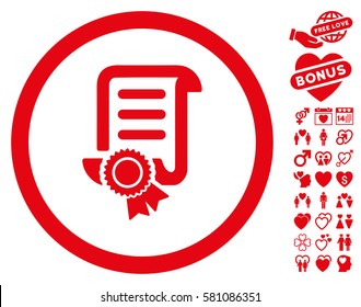 Certified Scroll Document icon with bonus lovely images. Vector illustration style is flat iconic red symbols on white background.