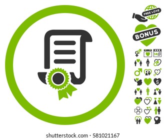Certified Scroll Document Pictograph With Bonus Dating Pictures. Vector Illustration Style Is Flat Iconic Eco Green And Gray Symbols On White Background.