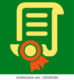 Certified Scroll Document vector icon. Style is bicolor flat symbol, orange and yellow colors, rounded angles, green background.