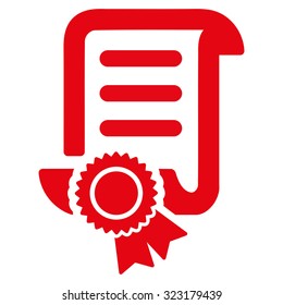 Certified Scroll Document vector icon. Style is flat symbol, red color, rounded angles, white background.