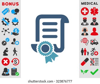 Certified Scroll Document vector icon. Style is bicolor flat symbol, cyan and blue colors, rounded angles, white background.