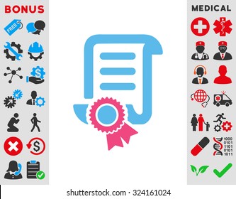 Certified Scroll Document vector icon. Style is bicolor flat symbol, pink and blue colors, rounded angles, white background.