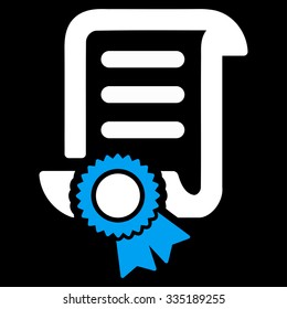 Certified Scroll Document vector icon. Style is bicolor flat symbol, blue and white colors, rounded angles, black background.