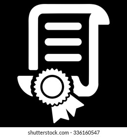 Certified Scroll Document vector icon. Style is flat symbol, white color, rounded angles, black background.