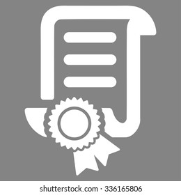 Certified Scroll Document vector icon. Style is flat symbol, white color, rounded angles, gray background.