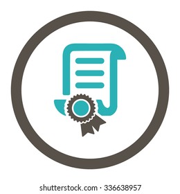 Certified Scroll Document vector icon. Style is bicolor flat rounded symbol, grey and cyan colors, rounded angles, white background.