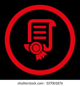Certified Scroll Document vector icon. Style is flat rounded symbol, red color, rounded angles, black background.