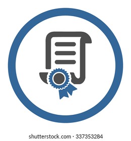 Certified Scroll Document vector icon. Style is bicolor flat rounded symbol, cobalt and gray colors, rounded angles, white background.