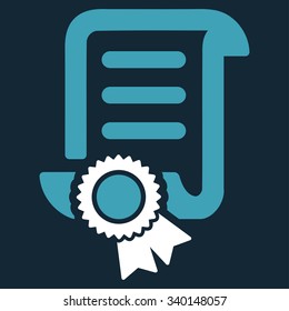 Certified Scroll Document vector icon. Style is bicolor flat symbol, blue and white colors, rounded angles, dark blue background.