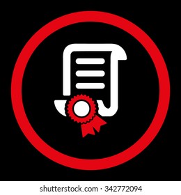 Certified Scroll Document vector icon. Style is bicolor flat rounded symbol, red and white colors, rounded angles, black background.