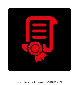 Certified Scroll Document vector icon. Style is flat rounded square button, intensive red and black colors, white background.