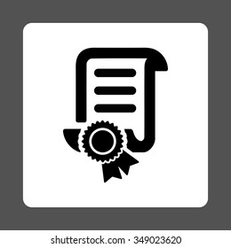 Certified Scroll Document vector icon. Style is flat rounded square button, black and white colors, gray background.