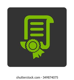 Certified Scroll Document vector icon. Style is flat rounded square button, eco green and gray colors, white background.