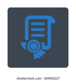 Certified Scroll File vector icon. Style is flat rounded square button, smooth blue colors, white background.