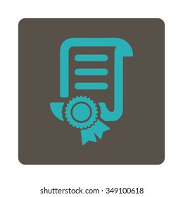 Certified Scroll File vector icon. Style is flat rounded square button, cyan and grey colors, white background.