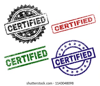 CERTIFIED seal prints with damaged texture. Black, green,red,blue vector rubber prints of CERTIFIED tag with unclean style. Rubber seals with round, rectangle, rosette shapes.