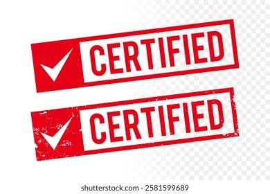 Certified stamp with checklist icon. Red grunge rubber stamp on transparent white background. Vector Illustration