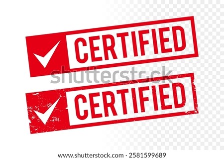 Certified stamp with checklist icon. Red grunge rubber stamp on transparent white background. Vector Illustration