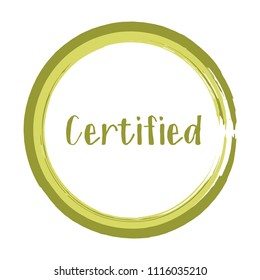 Certified stamp products icon, goods package label in frame vector design. Khaki green certified goods, food or clothing logo, products sign, round border, circle tag label, sticker, stamp, emblem.