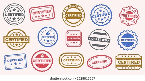 Certified stamp. Quality guarantee rubber seal, verification and approving document certify emblem, circle blue red badge with stars. Vector round stamps set.