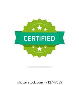 certified stamp or seal vector sign isolated on white background, flat cartoon rosette quality badge with stars and green ribbon, idea of certification sticker