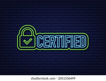 Certified stamp vector isolated on dark background. Neon icon.