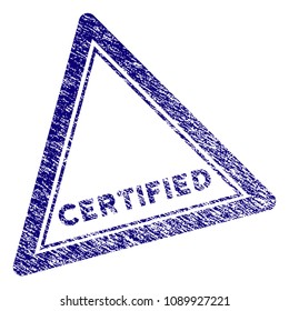 Certified triangle stamp seal. Vector element with grainy design and dirty texture in blue color. Designed for overlay watermarks and grunge textured rubber seal imitations.