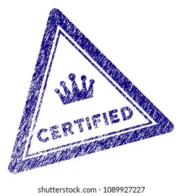 Certified triangle stamp seal. Vector element with grainy design and retro texture in blue color. Designed for overlay watermarks and grunge textured rubber seal imitations.