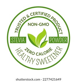Producto certificado y de confianza, no gmo y cero calorías. Stevia polvo para equilibrio dietético y dieta saludable de las personas. Etiqueta o logotipo, logotipo o emblema para el paquete. Vector de estilo plano