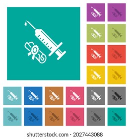Zertifizierter Impfstoff mehrfarbige Flachsymbole auf einfarbigem Hintergrund. Weiße und dunklere Icon-Variationen für Hover oder aktive Effekte.
