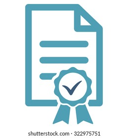 Certified vector icon. Style is bicolor flat symbol, cyan and blue colors, rounded angles, white background.